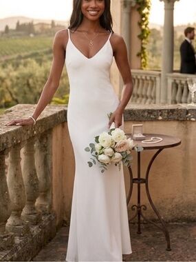 New Infinite Glory  Elegant White V-Neck Spaghetti Strap Bridal Dress Sz XS
